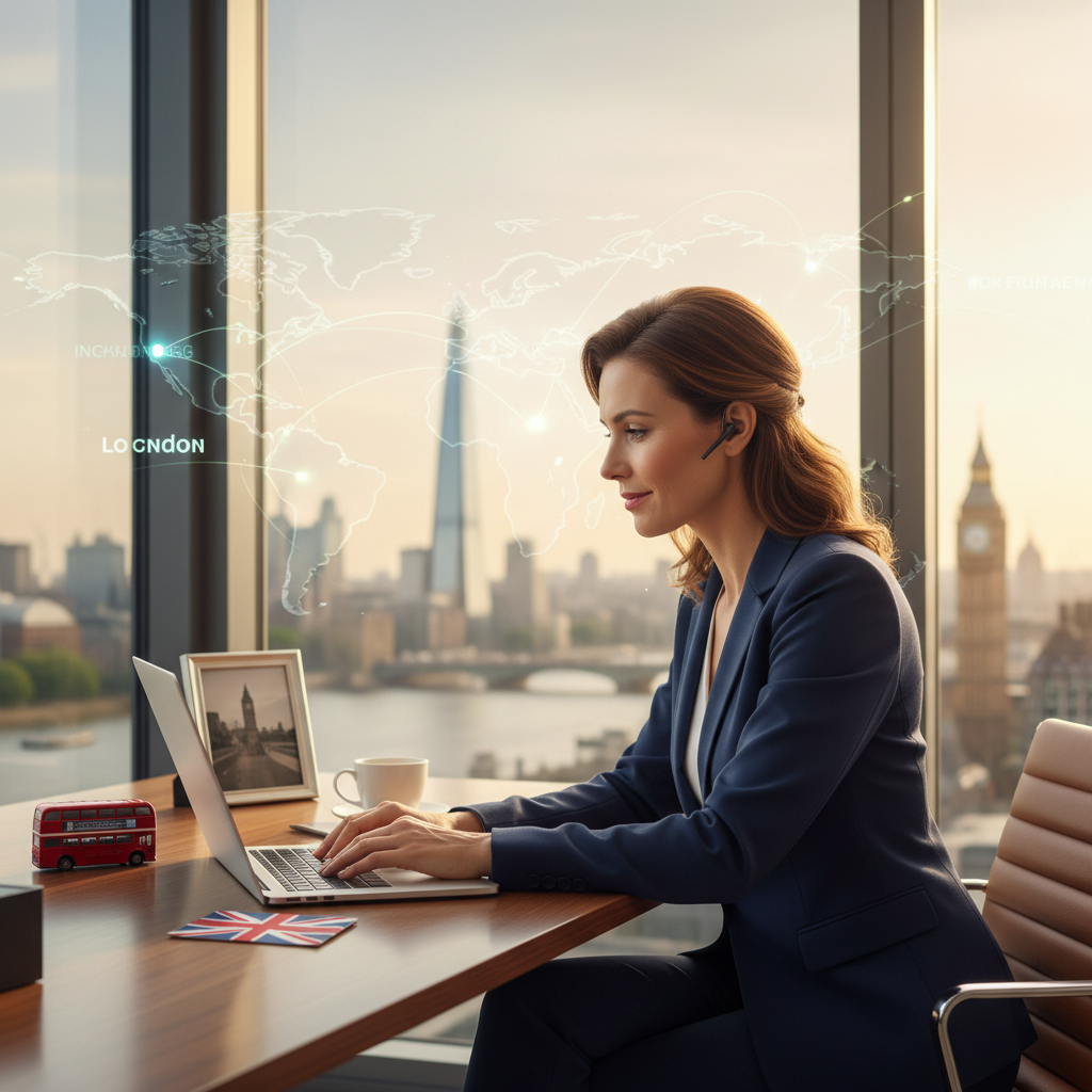 A professional UK expat entrepreneur in a modern office environment, looking confidently at a laptop with a cityscape of London in the blurred background. The image should convey success and global business connections, with subtle elements of British culture.
