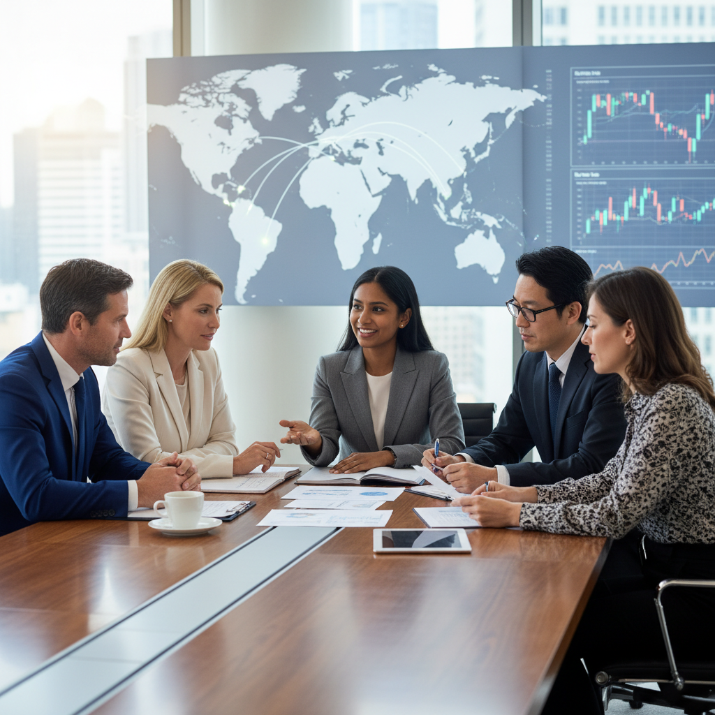 A diverse group of people from different nationalities, including a British couple, sitting in a modern, light-filled office discussing financial documents with a professional wealth manager. There are global maps and financial charts subtly displayed in the background, emphasizing international financial planning. The scene is professional and reassuring, with a focus on trust and detailed discussion.
