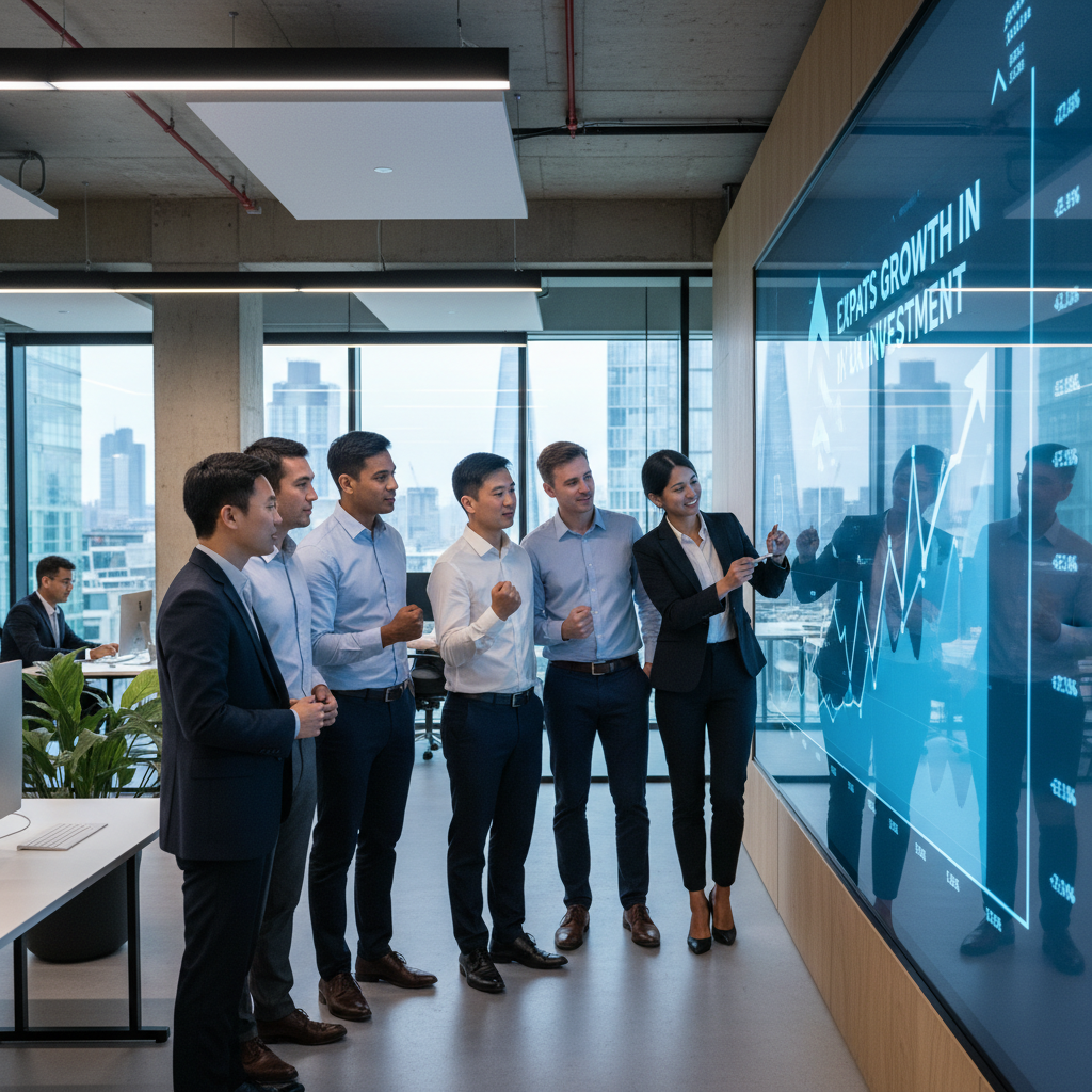 A diverse group of business professionals in a modern, collaborative office space in London, looking at a digital growth chart on a large screen, conveying innovation and successful collaboration in expat business investment UK. The image should be highly detailed and photorealistic.