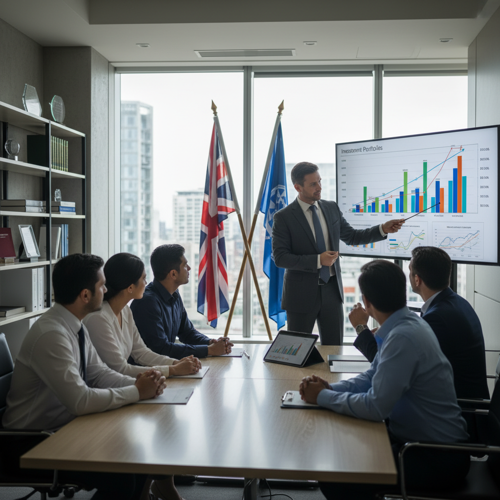A diverse group of expat clients in a bright, modern office intently listening to a professional financial advisor explaining complex financial charts on a large screen, with UK and international flags subtly in the background, conveying trust and expertise.