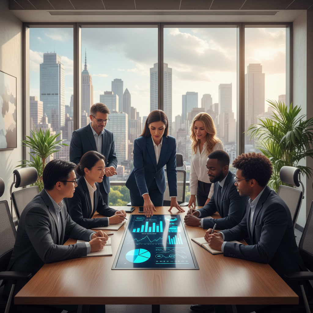 A diverse group of people from different backgrounds (representing expats) are seated around a modern conference table, attentively listening to a professional financial advisor who is gesturing towards a digital tablet displaying financial charts. The setting is bright and contemporary, with large windows overlooking a city skyline. The overall mood is serious, professional, and hopeful, illustrating the act of receiving expert financial guidance.