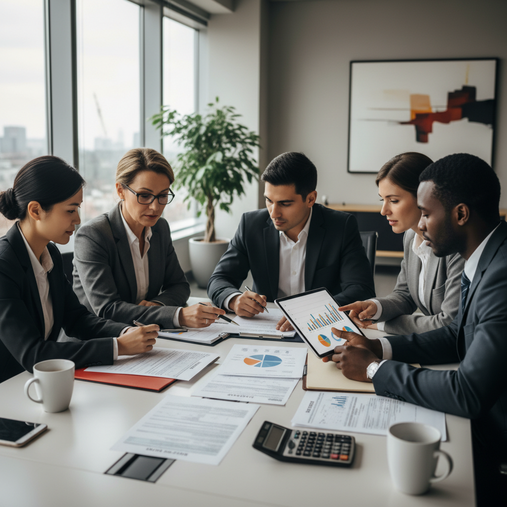 A diverse group of business professionals, including an expat, discussing financial documents and tax forms with a professional tax consultant in a modern, well-lit office. They are looking at a tablet displaying graphs and figures, with a calculator and coffee cups on the table. The consultant is pointing to a specific line on a document, illustrating clear communication and expert guidance. The overall scene is professional, collaborative, and focused on financial planning and compliance.