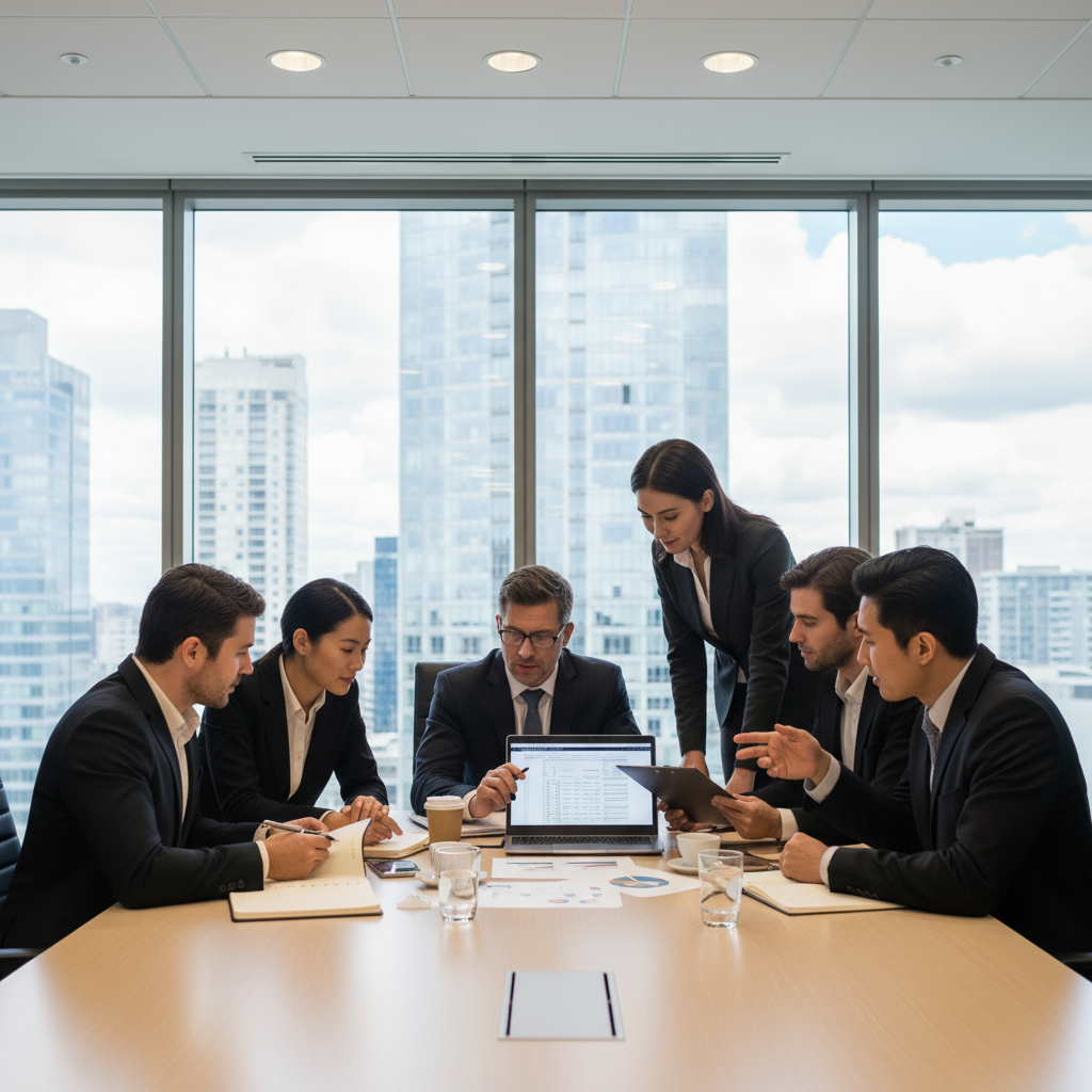 A diverse group of business professionals, including expats, are gathered around a table in a modern office, engaged in a discussion with a legal advisor. They are reviewing documents and a laptop, with a blurred cityscape visible through a large window in the background. The atmosphere is professional and collaborative, illustrating legal consultation for expat businesses.