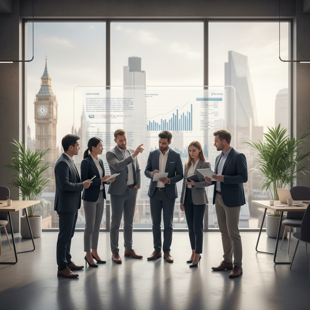 A diverse group of business professionals in a modern, light-filled office space, collaboratively reviewing documents on a large screen, with subtle UK city skyline elements visible through the window. The atmosphere is professional and innovative, reflecting expat business in the UK.