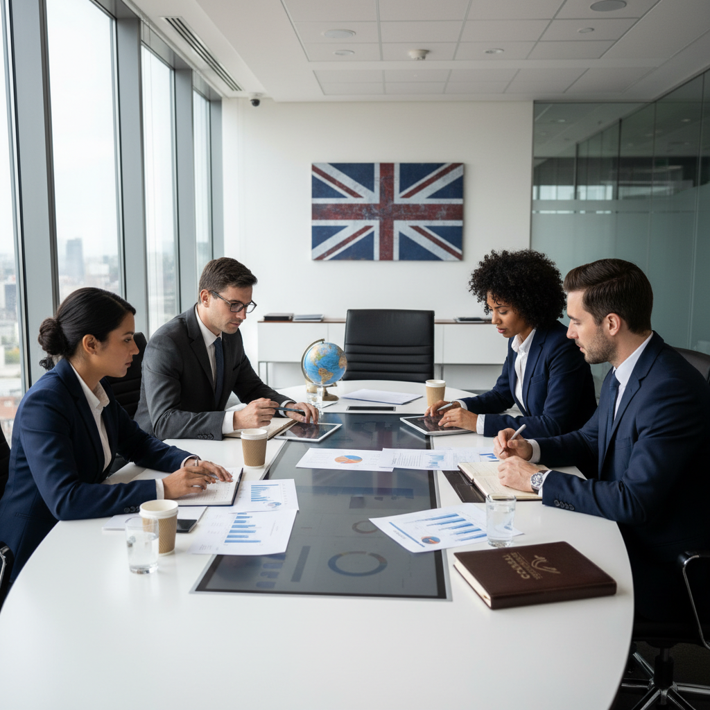 A professional, diverse group of people in business attire discussing financial documents around a table in a modern office, with a subtle British flag element in the background, conveying expert financial advice and global planning.