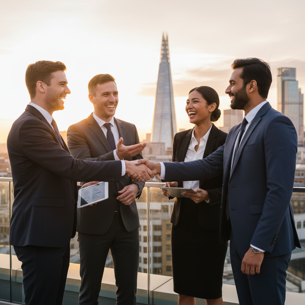 A diverse group of expat business owners in professional attire smiling and shaking hands in front of a modern London cityscape at sunset, symbolizing successful collaboration and a thriving business environment. The image should be photorealistic and high-resolution.