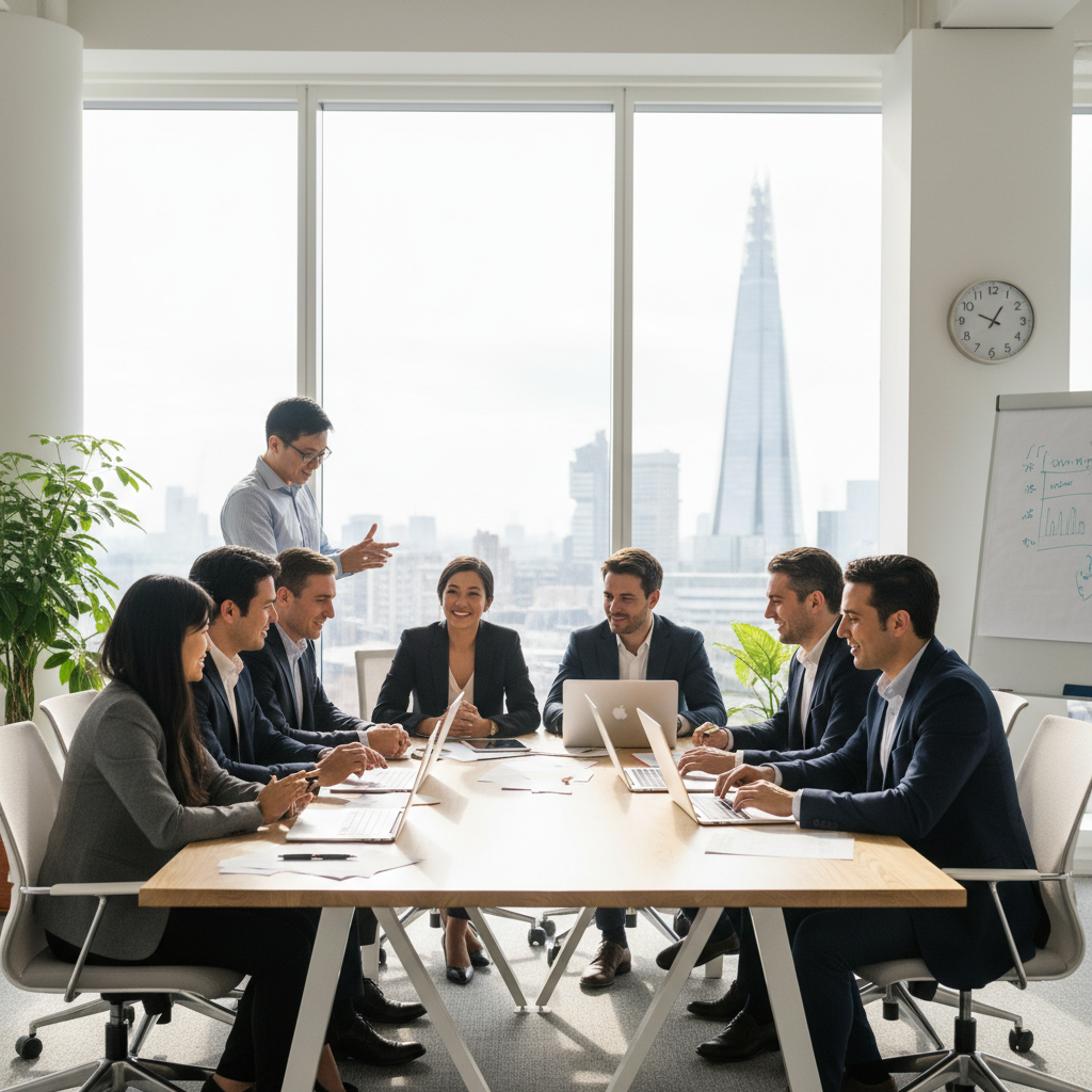 A diverse team of expat business professionals, both male and female, smiling and collaborating in a modern, sunlit office in London, UK. They are gathered around a table with laptops and documents, looking engaged and productive. The background shows a subtle cityscape through large windows.