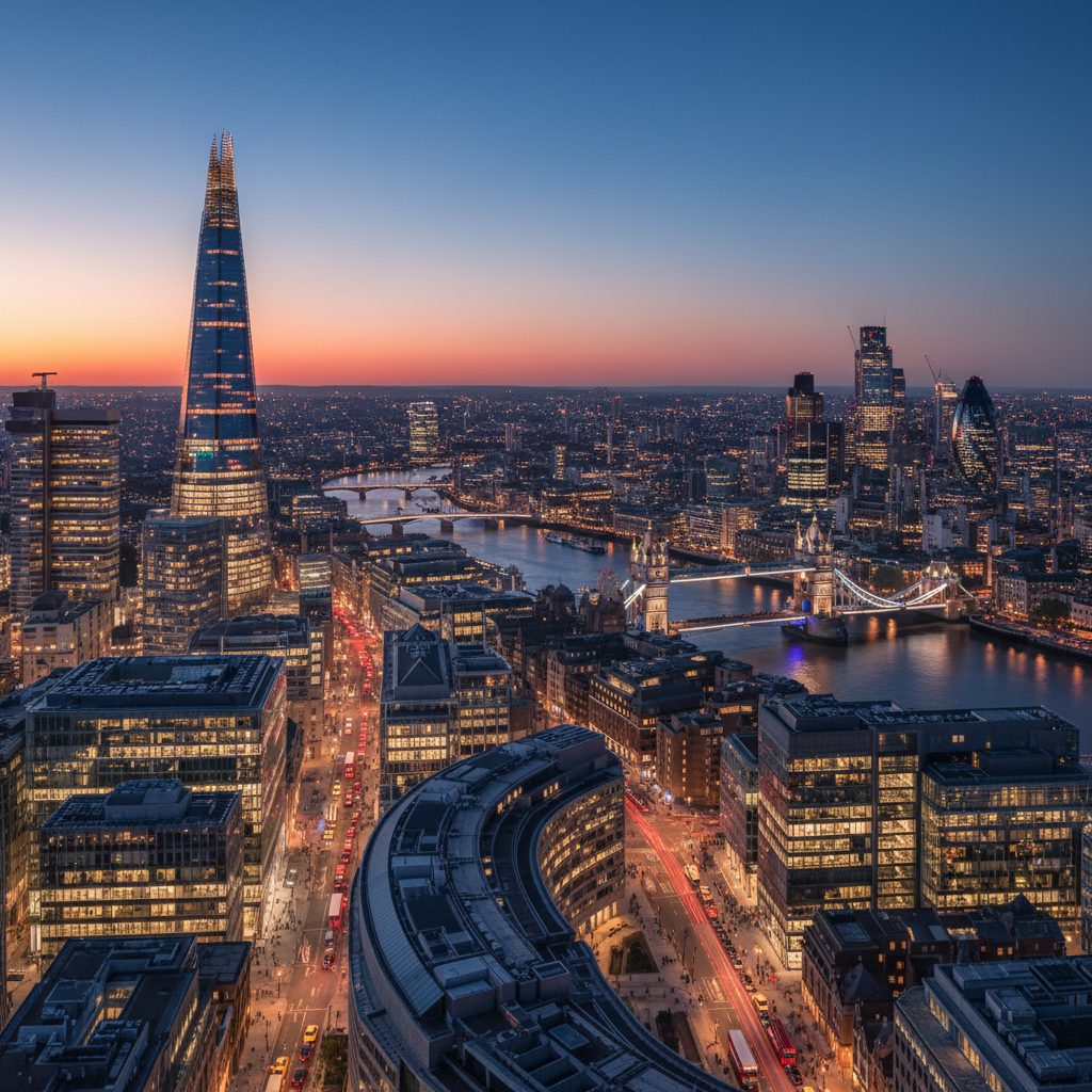 A vibrant, detailed, and photorealistic cityscape of London at dusk, showcasing modern skyscrapers, iconic landmarks like the Shard and the Gherkin, with bustling streets and glowing office lights. The scene should convey a sense of economic dynamism and innovation, symbolizing the diverse business opportunities available in the UK.