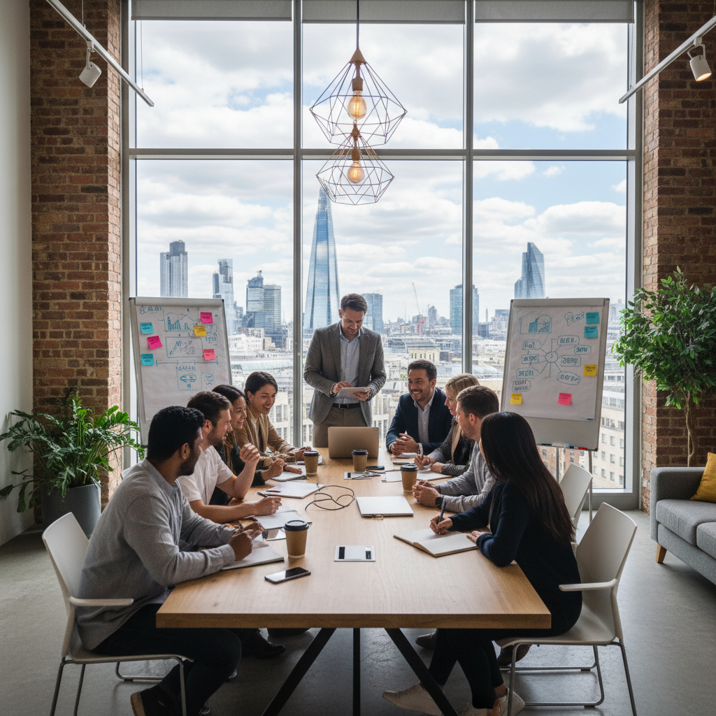 A diverse group of entrepreneurs from various backgrounds collaborating and brainstorming ideas in a modern, brightly lit co-working space in a vibrant UK city, with a cityscape visible through a large window. The atmosphere is energetic and innovative, showcasing global talent at work. Photorealistic with natural lighting.