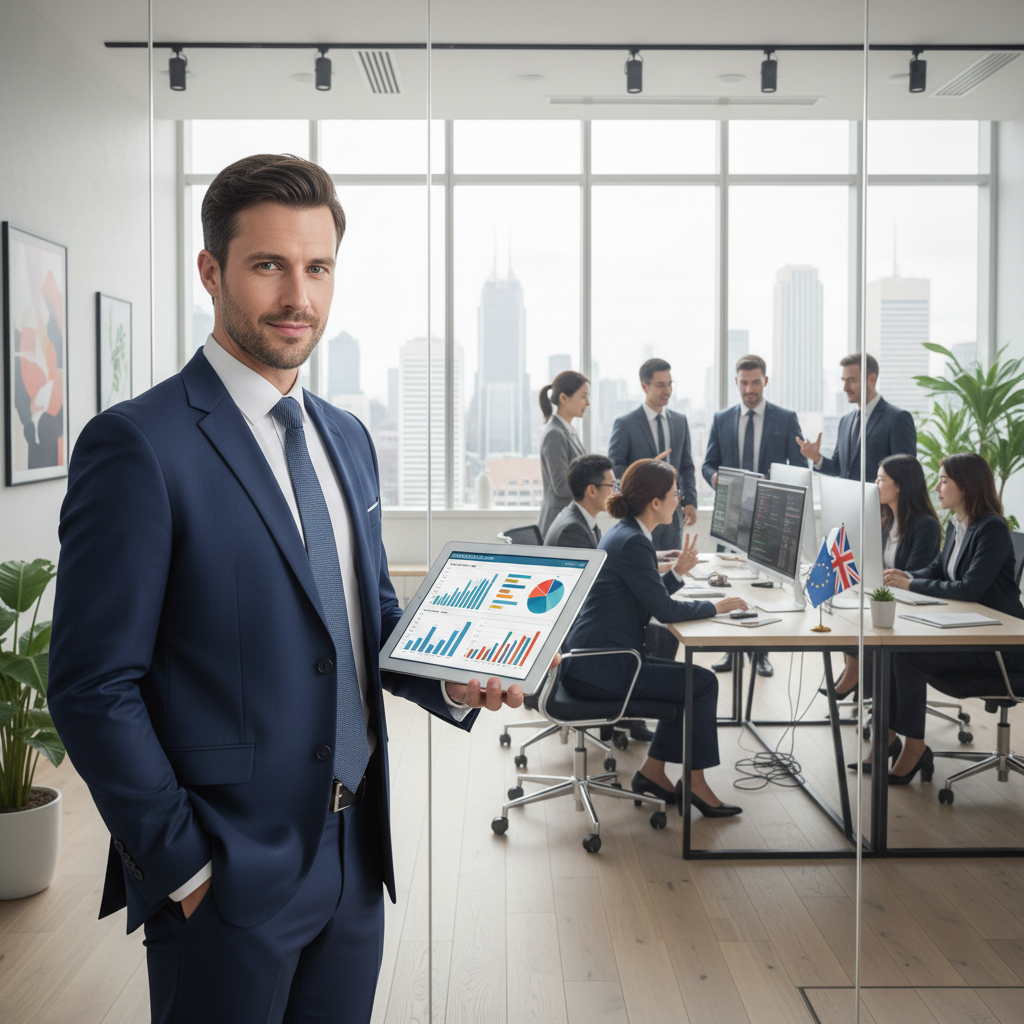 A professional UK expat businessman in a modern office setting, looking confidently at a tablet with financial data, while a diverse team works efficiently in the background. The scene conveys success, strategic planning, and a global business environment with natural lighting and modern decor.